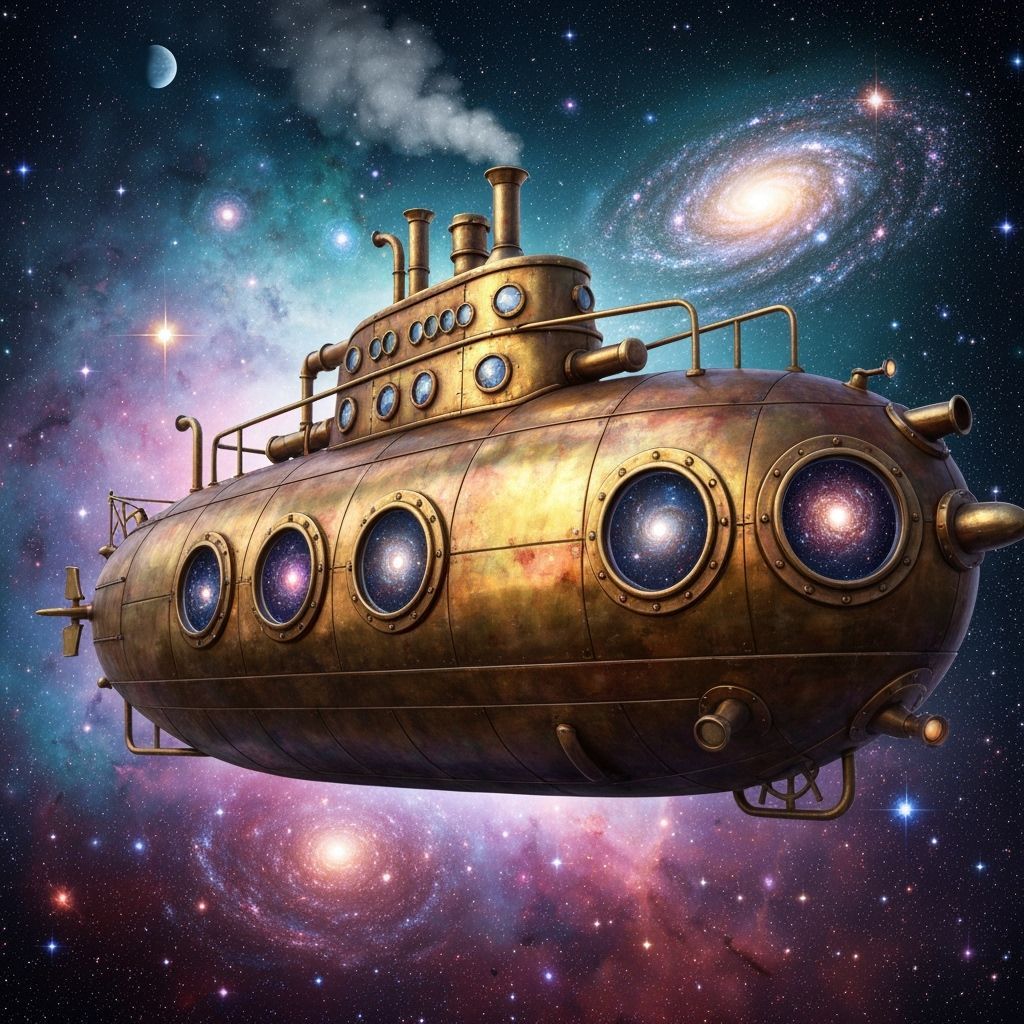 Steampunk Submarine Navigating Cosmic Nebula
