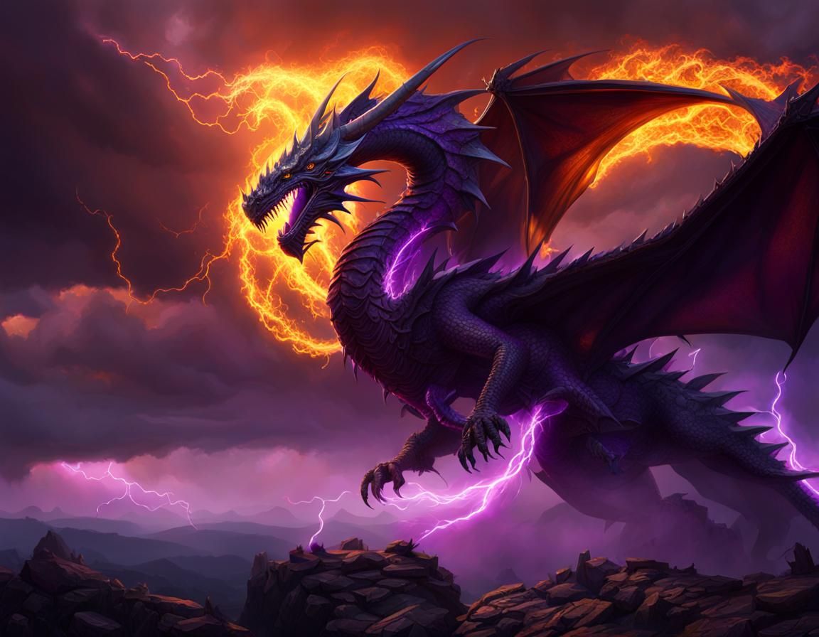 Majestic Fire Dragon in Lightning Storm