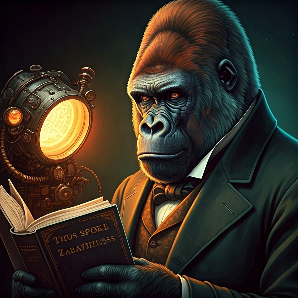 Steampunk Gorilla Philosopher with Nietzsche Book