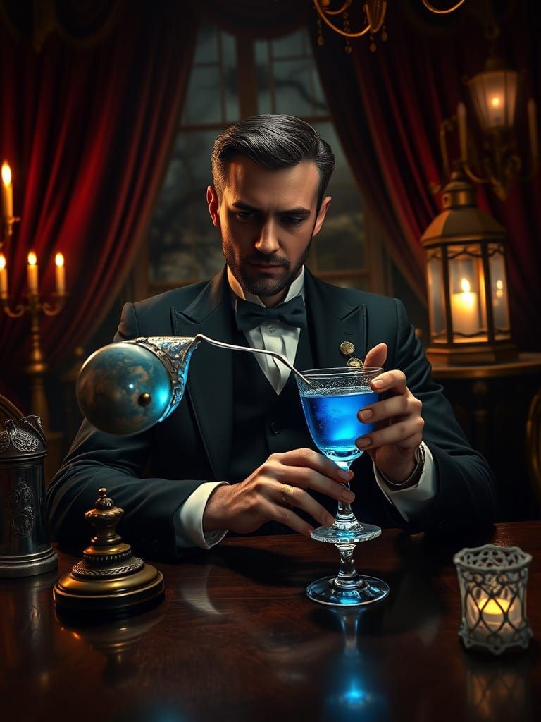 Elegant Gentleman in Victorian-Era Study with Absinthe