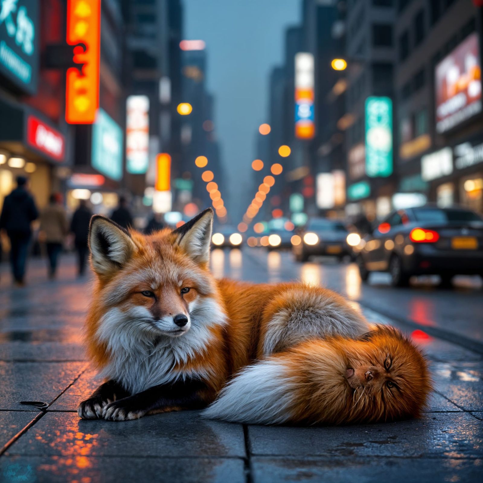 Fox's Serenity in Hyperrealistic Megacity