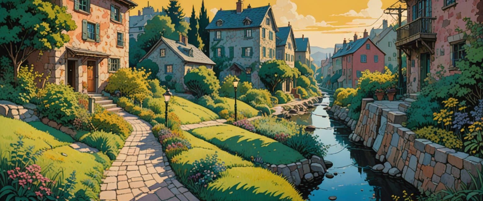 Quaint Village: Naive Painting in Comic Book Style