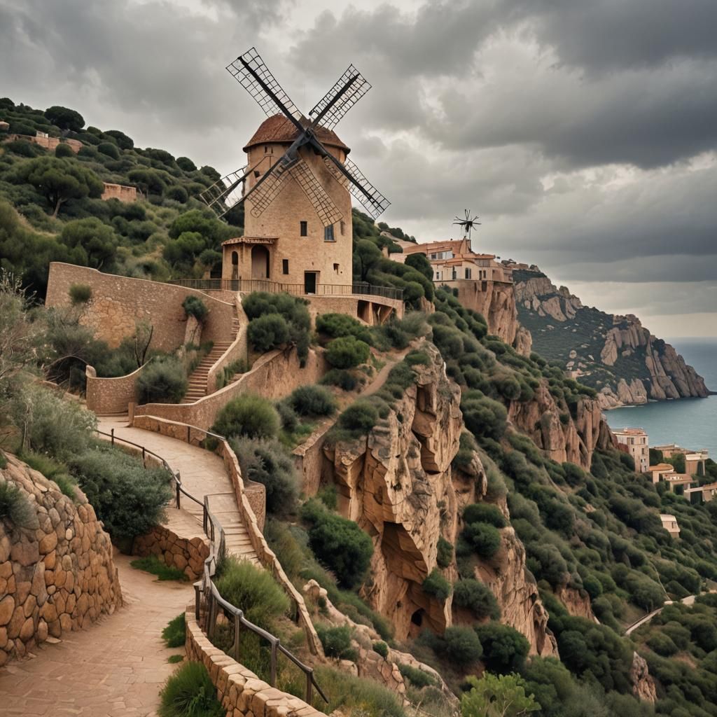 Old Windmill on Hill in Gaudí Style