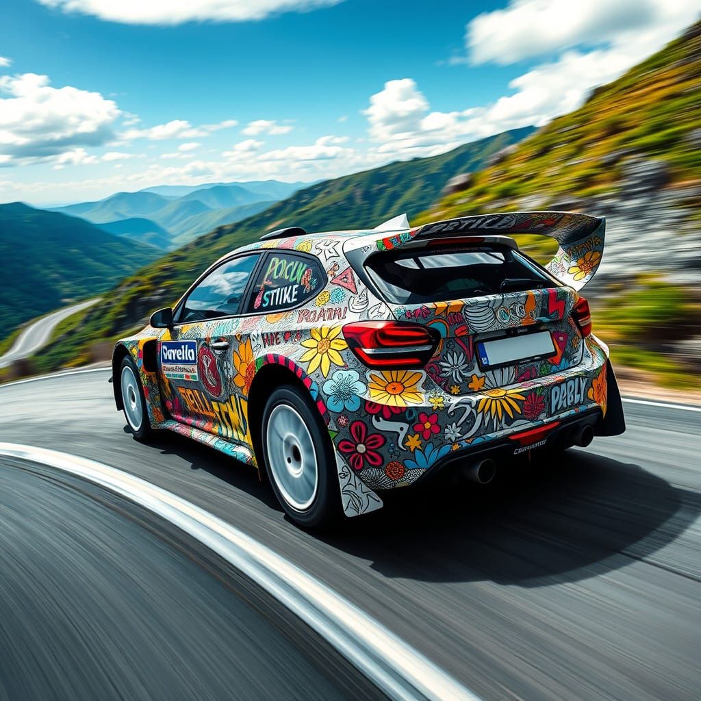 Rally car wrapped in "doodle book" artwork