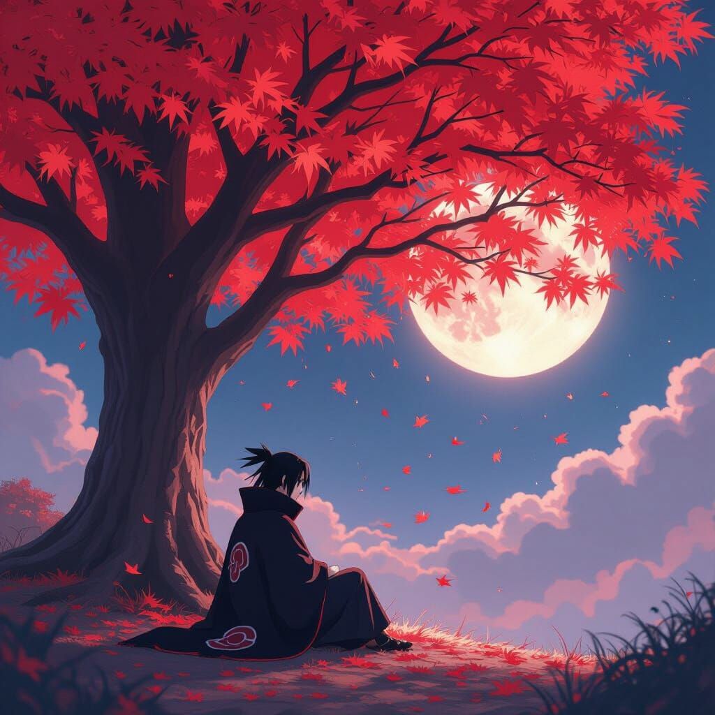 Itachi Uchiha Under Red Maple Tree in Anime Style
