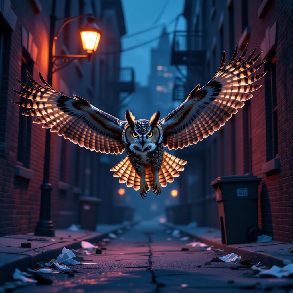 Horned Owl Hunting in Spooky Urban Slum Midnight