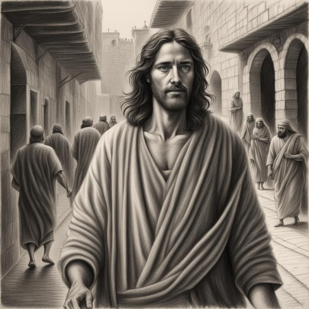 Jesus Walks Jerusalem: Hyperdetailed Charcoal Drawing