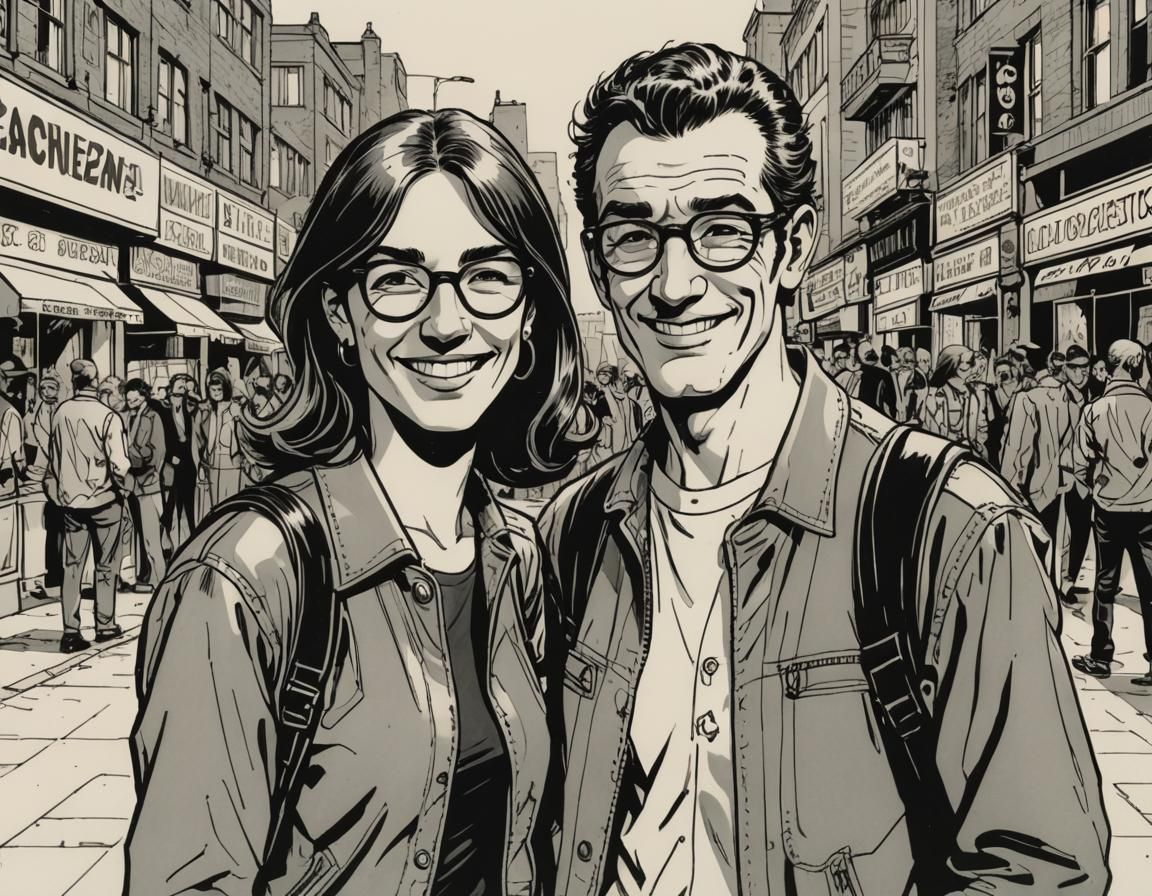 Two Smiling Figures in Comic Book Style