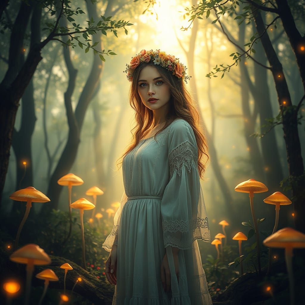 Ethereal Ukrainian Woman in Mystical Forest Landscape