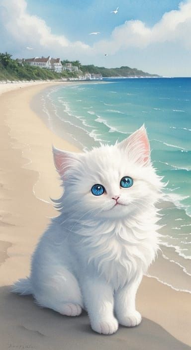Watercolor Kitten Cloud on Sun-Drenched Beach