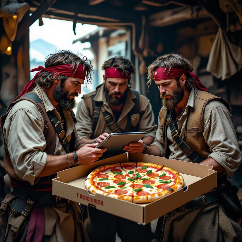 Pirates Order Pizza: A Digital Rustic Painting