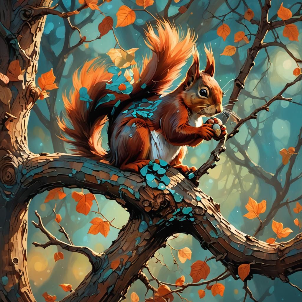 Red Squirrel Nibbling Nut: Fantasy Wildlife Concept Art