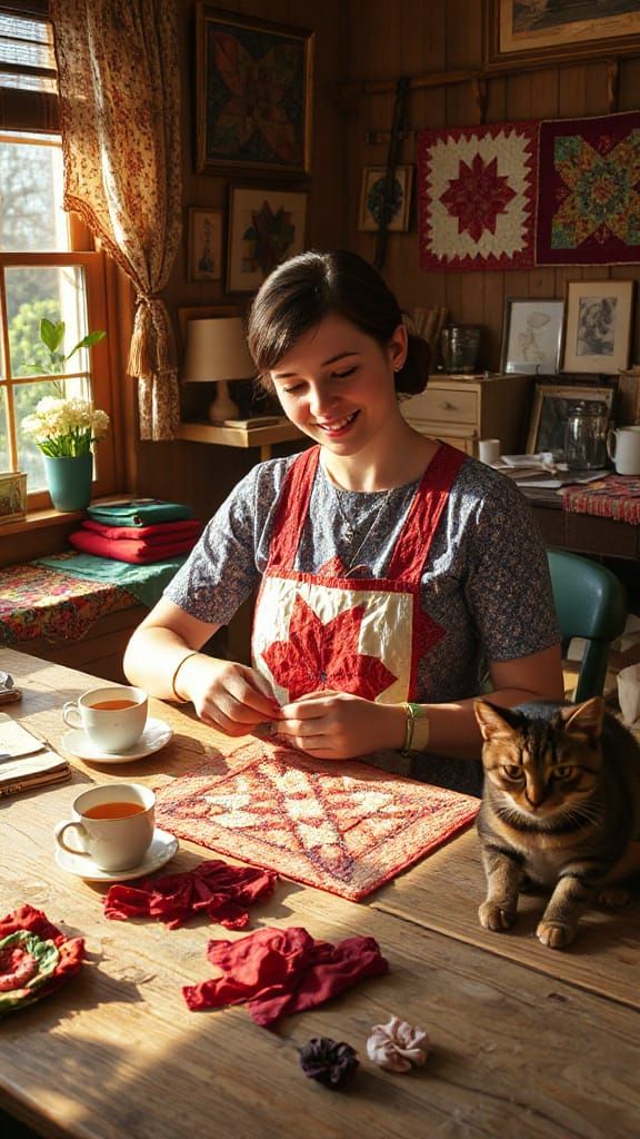 Tradwife Hand-Stitching Quilt in Hyperrealistic Style