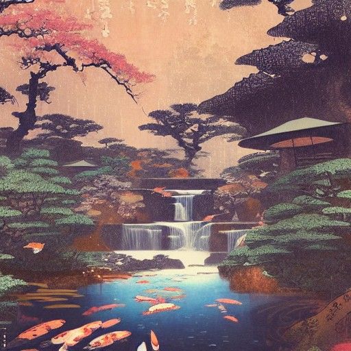 Koi Pond Waterfall in Impressionistic Art Deco Style