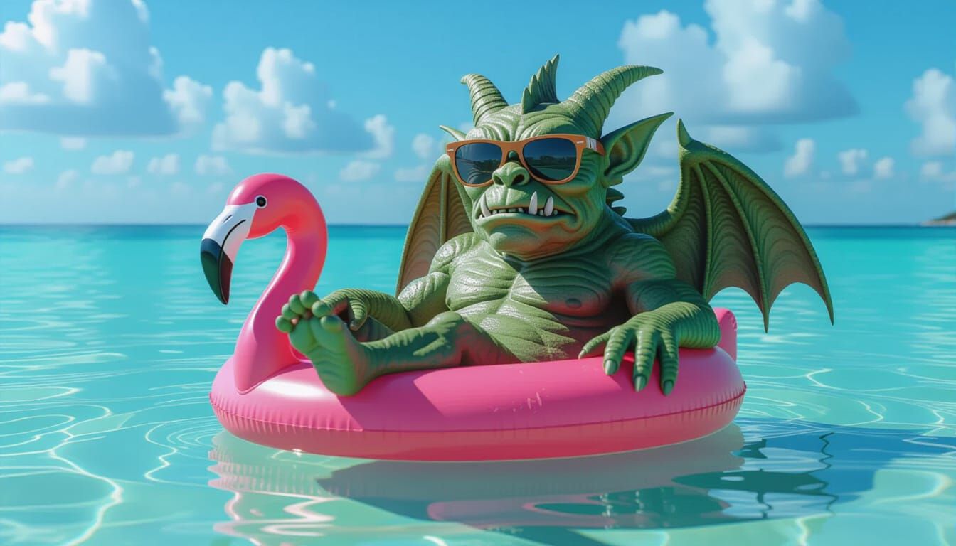 Gargoyle on Flamingo Floats in Tropical Ocean