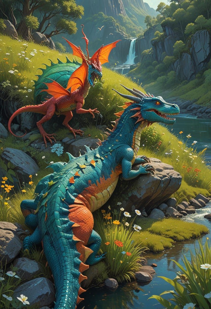 Dragon's Serene Ascent in a Vibrant Mountain Landscape