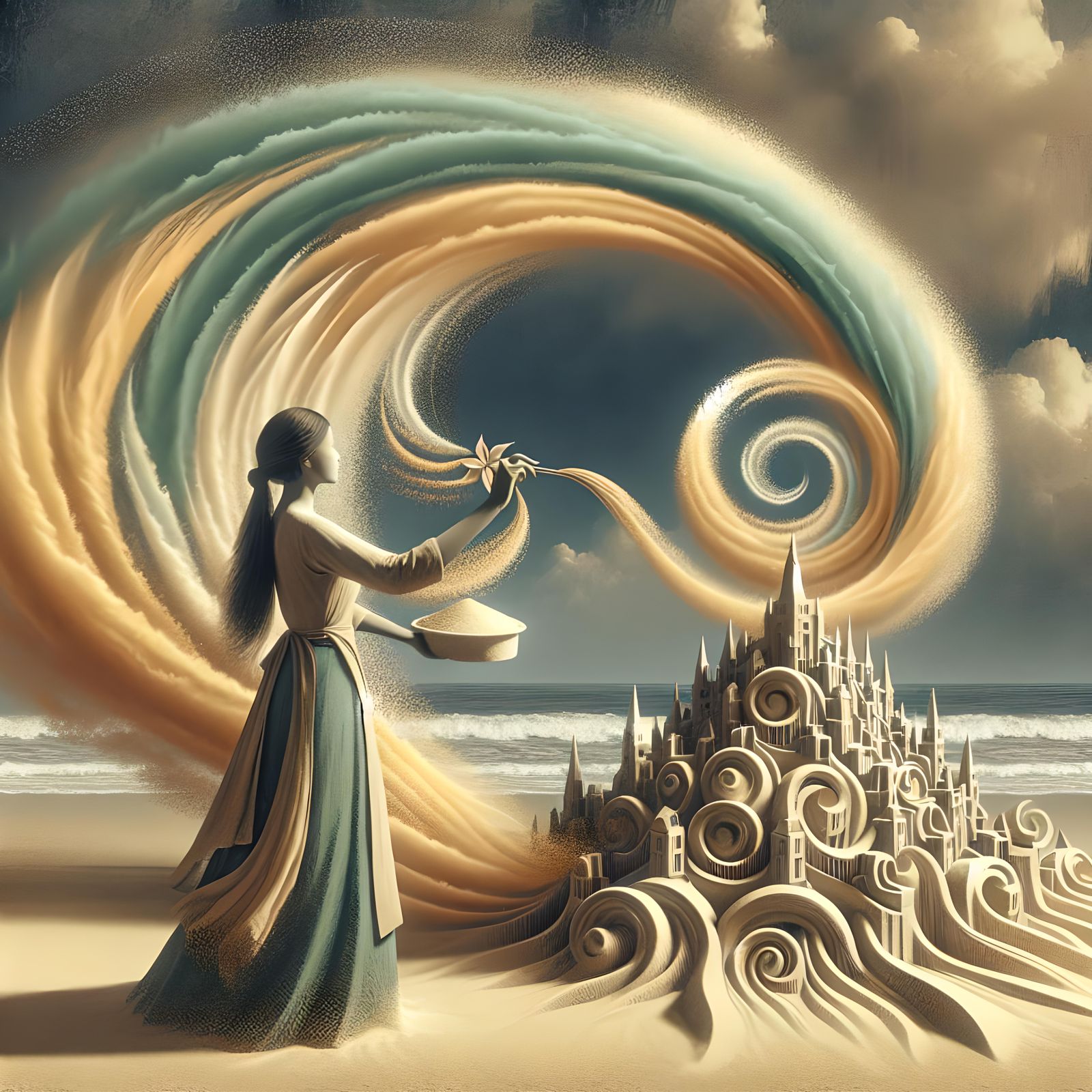 South Asian Artist Building Sandcastle, Digital Art