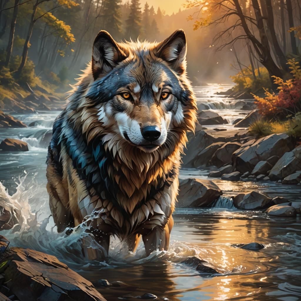 Wolf Portrait by River in Vibrant Splash Art Style