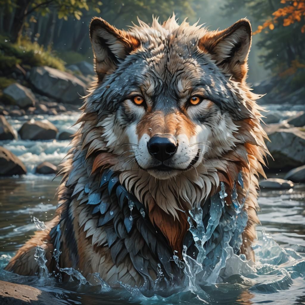 Hyperrealistic Wolf Portrait by the River