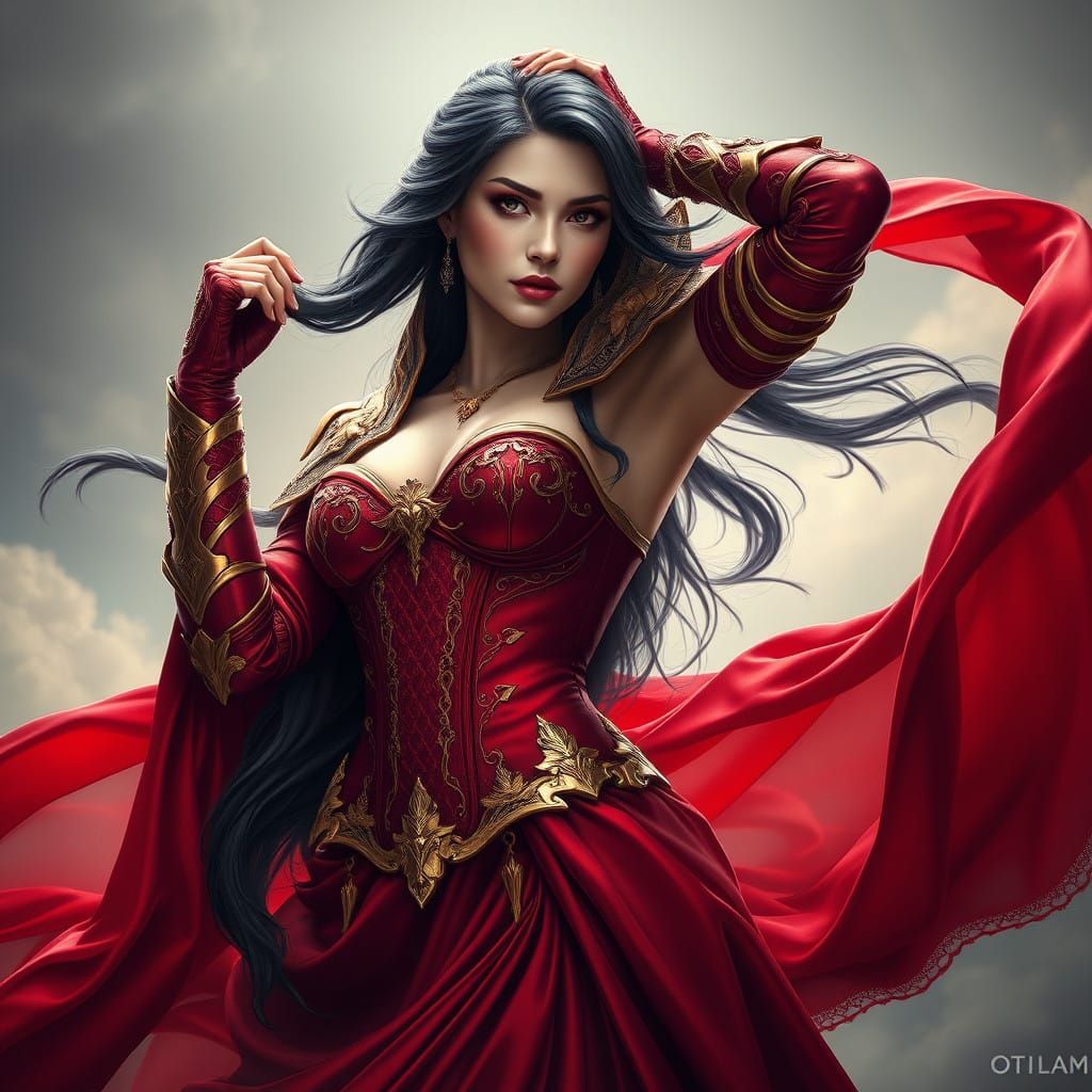 Regal Fantasy Woman in Crimson Armor and Gown