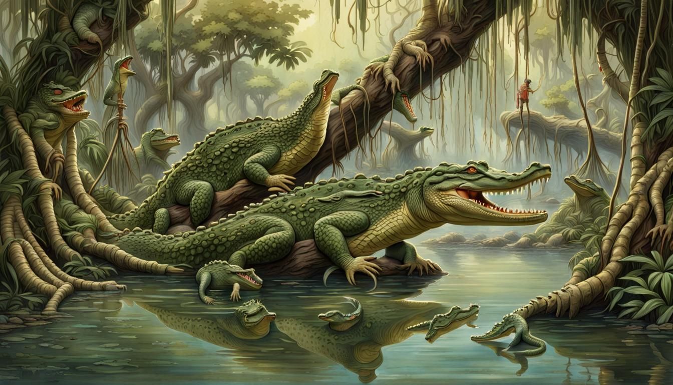 Crocodiles in Mangrove Swamp: Photorealistic Illustration