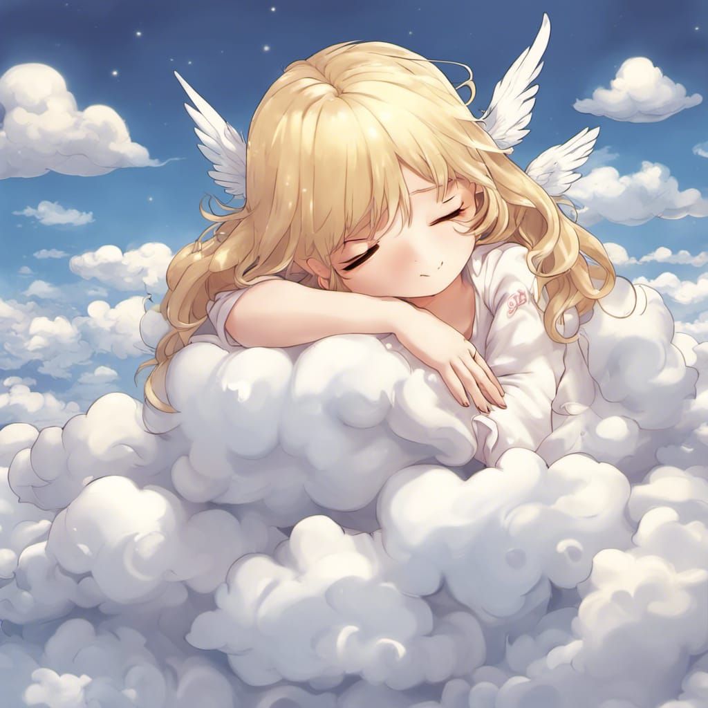 Blonde Angel Girl Sleeping on Clouds in Chibi Style