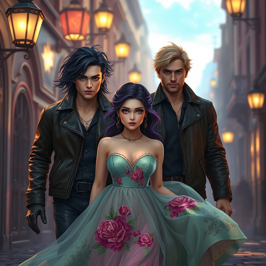 Couple Under City Lights, Cyberpunk Fantasy Scene