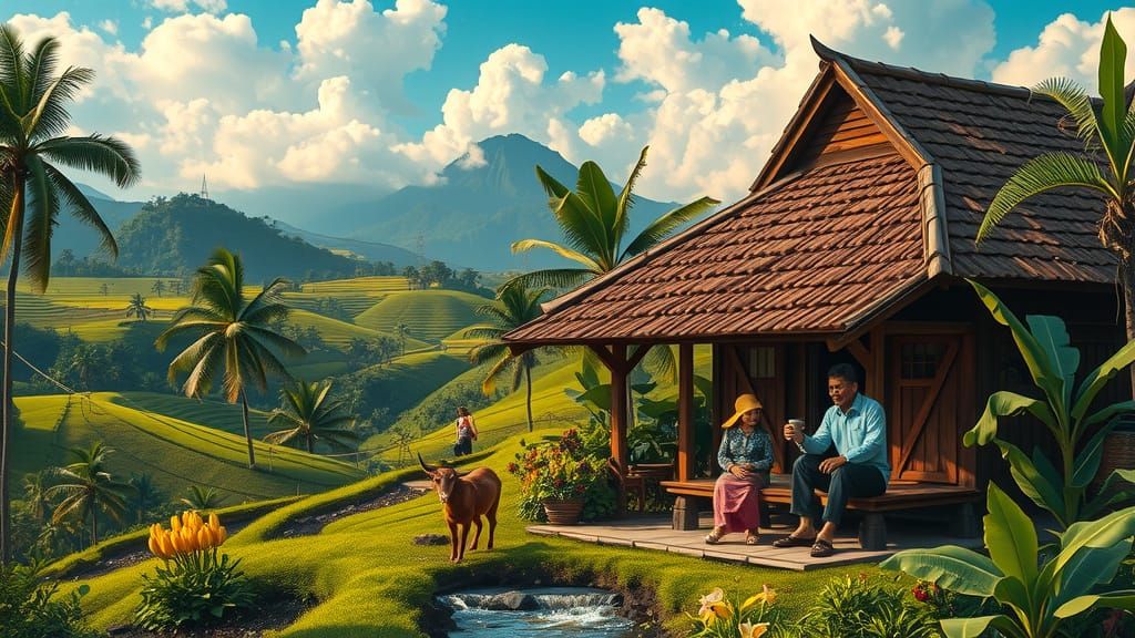 Surreal Javanese Village at Merbabu's Foot in Expressive Imp...