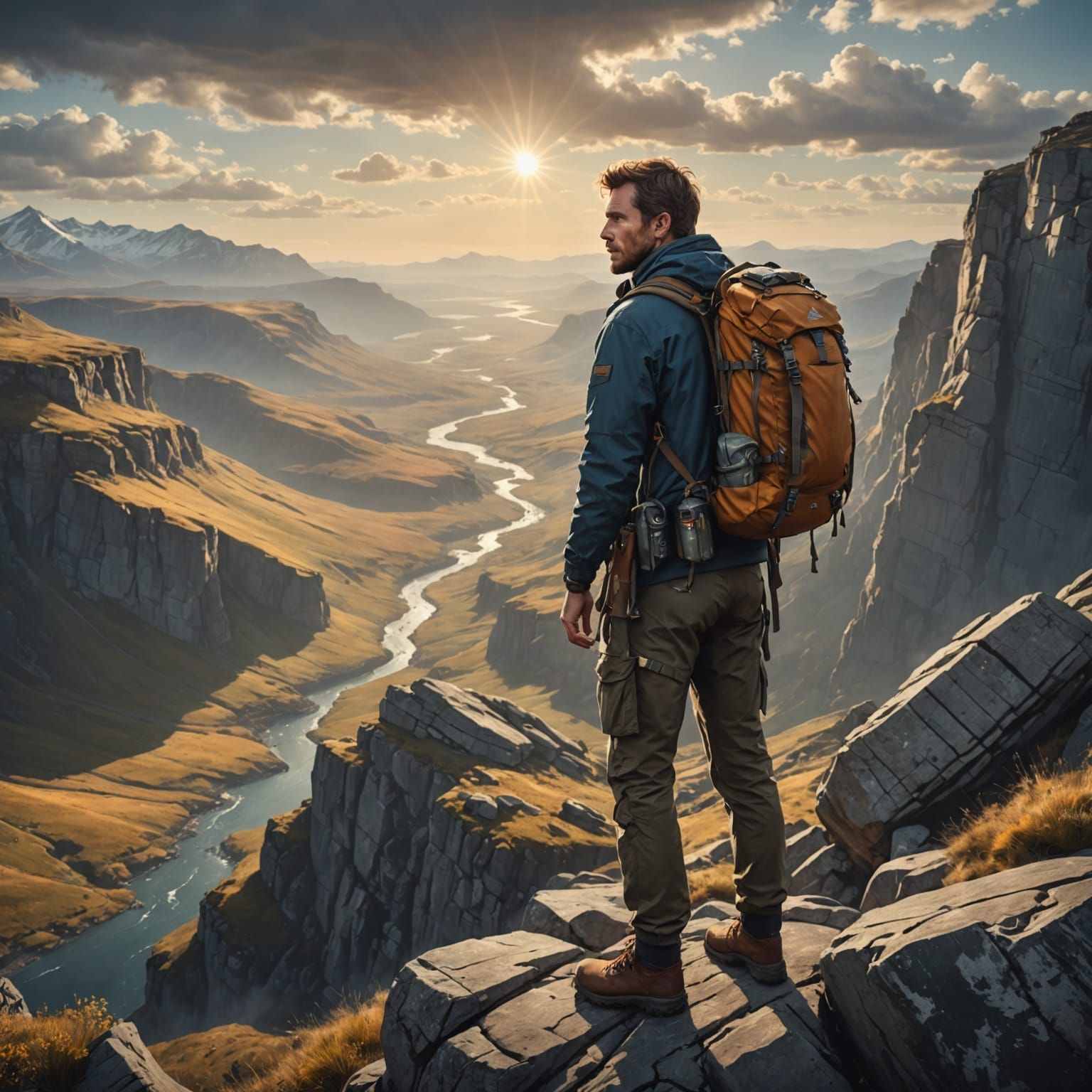 Brave Adventurer Overlooking Wild Landscape: Digital Paintin...