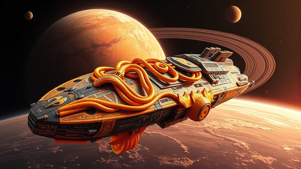 Majestic Fruit-Punk Starship Amidst Ringed Planet