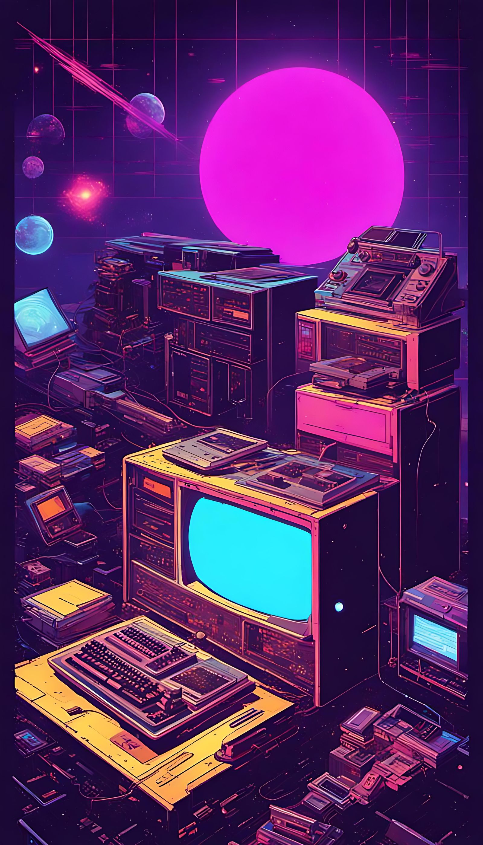 Retro 1980s Tech Drifting in Space