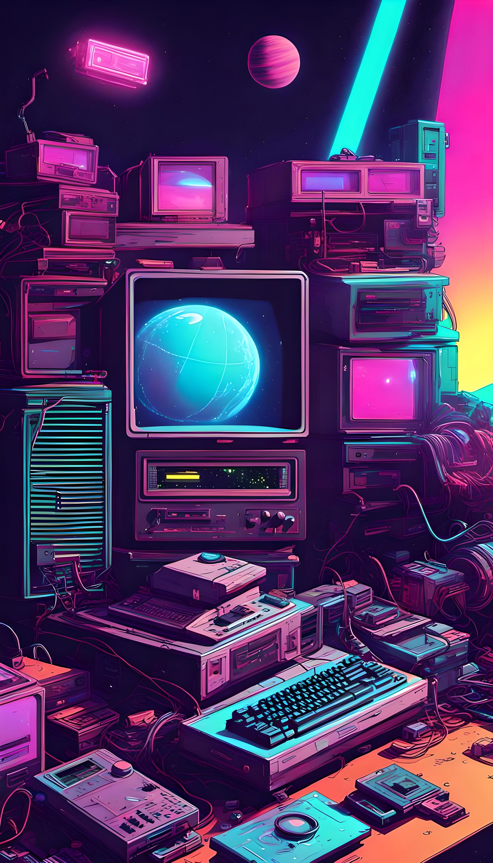 Retro 80s Tech Drifting in Neon Space