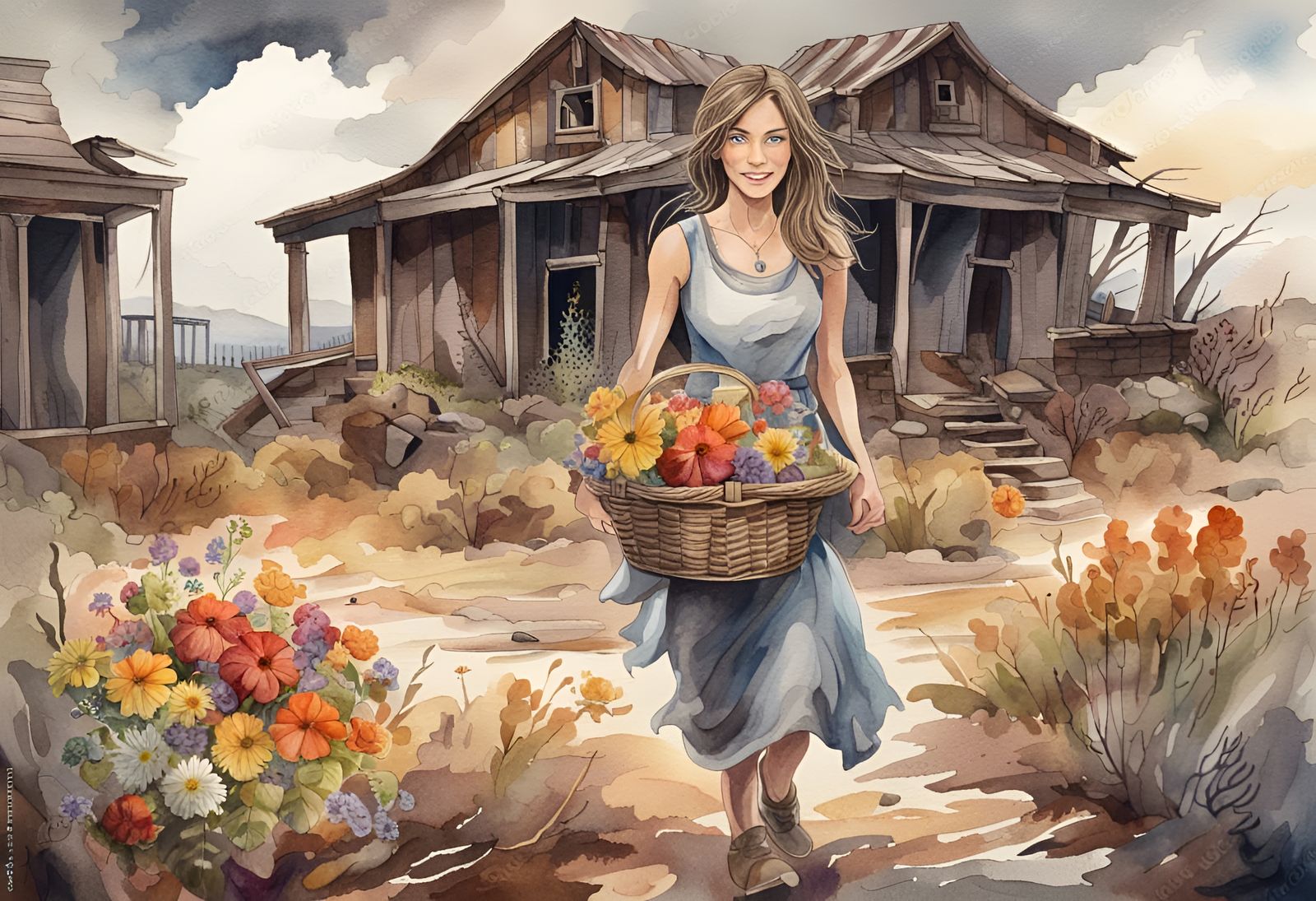 Joyful Woman with Flowers in Ghost Town Watercolor