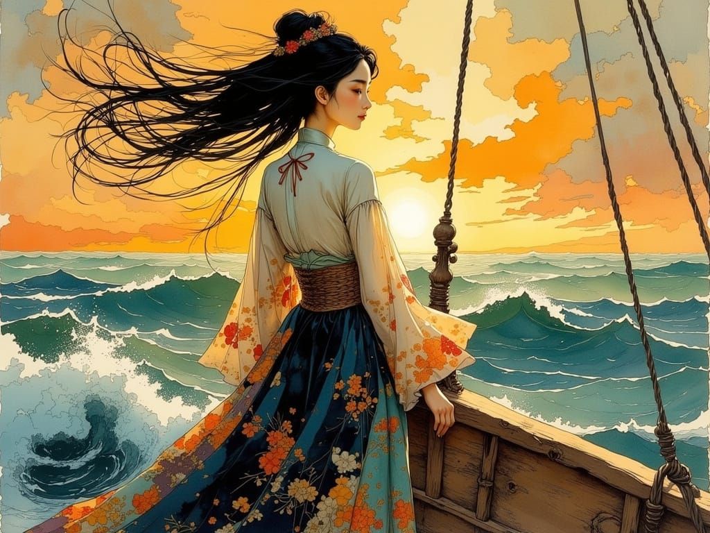 Sailing Goddess in Hanbok, Wind-Swept Korean Folk Art