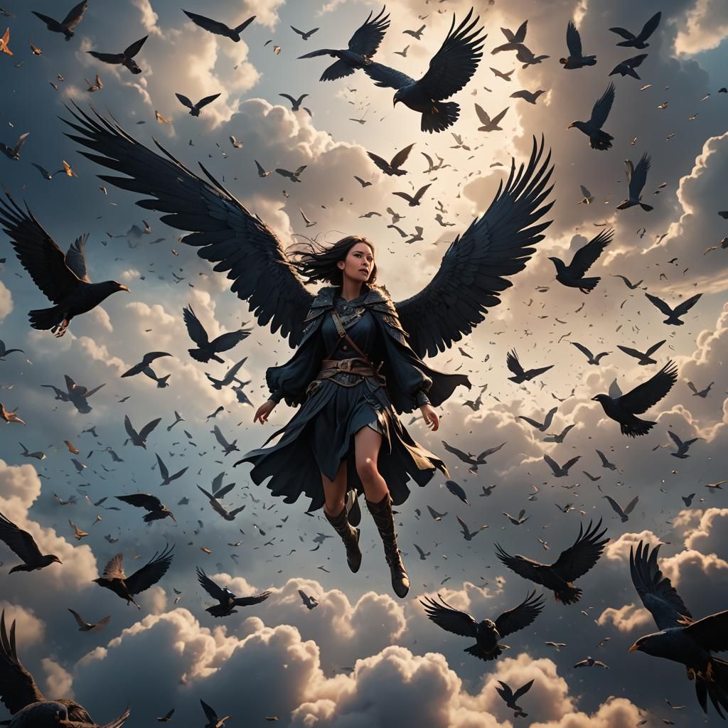 Girl with Black Wings Soaring Through Clouds