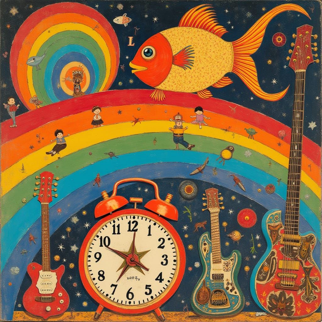 Psychedelic Collage with Fish, Clocks, and Guitars