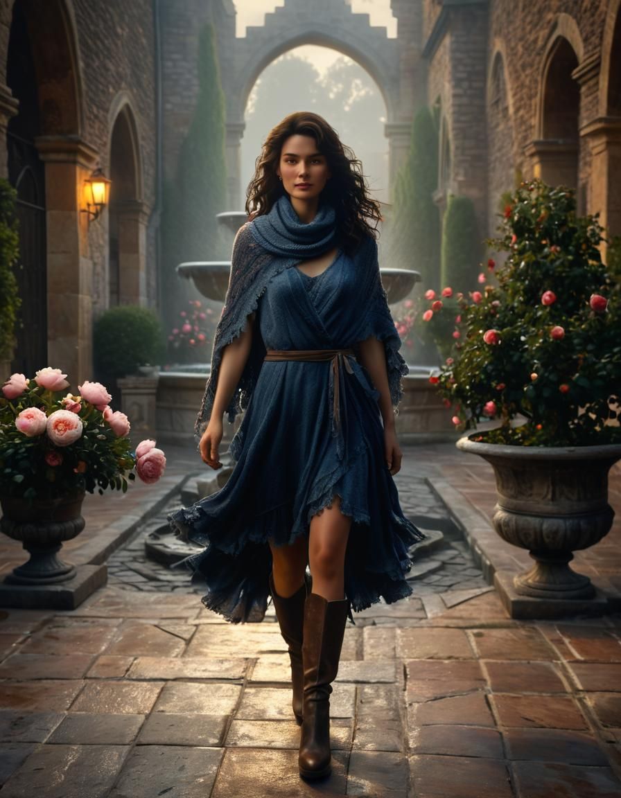 Chiaroscuro Oil Painting: Woman in Castle Courtyard