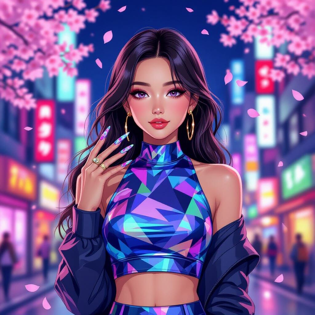 Anime Woman With Geometric Nails in Neon Tokyo