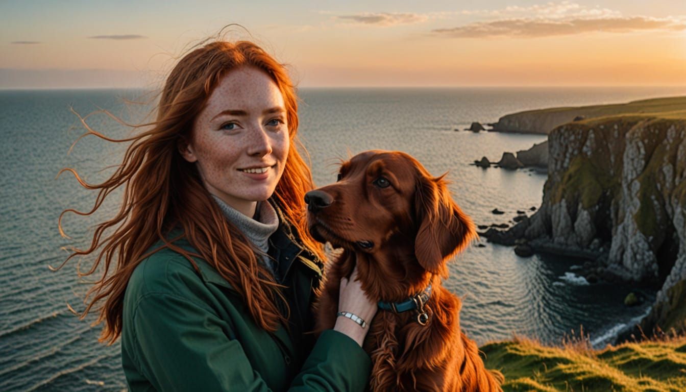 Joyful Irish Sunset Scene with Ginger-Haired Girl and Her Lo...