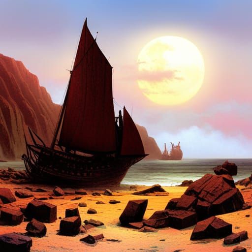Wrecked Ship on Rocky Beach in Romantic Style