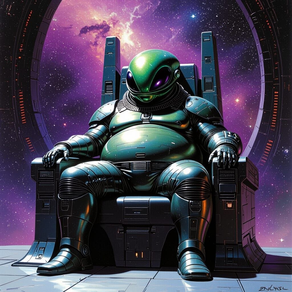 Obese Alien on Throne in Surreal Sci-Fi Style