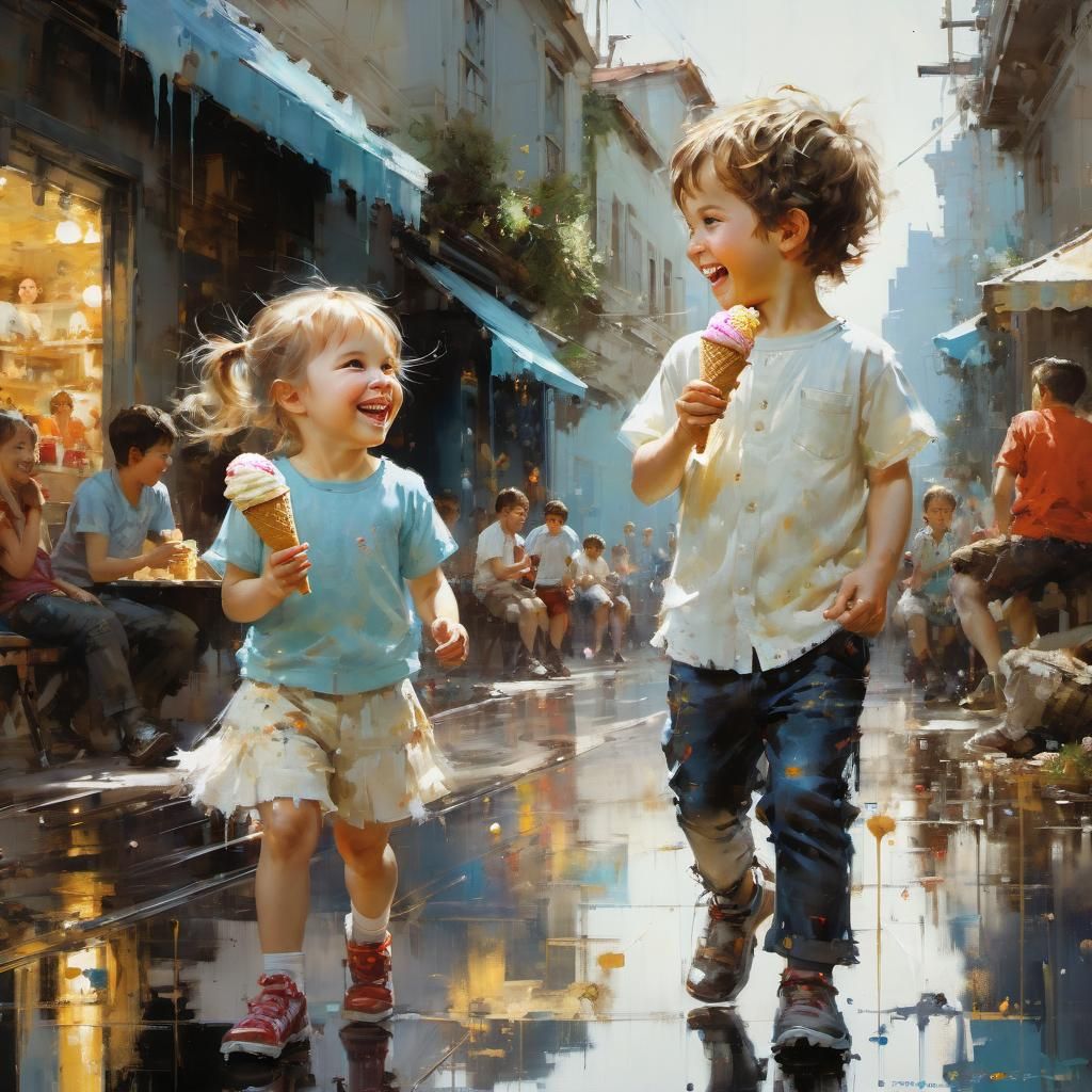 Brother and Sister Enjoying Ice Cream, Fine Art