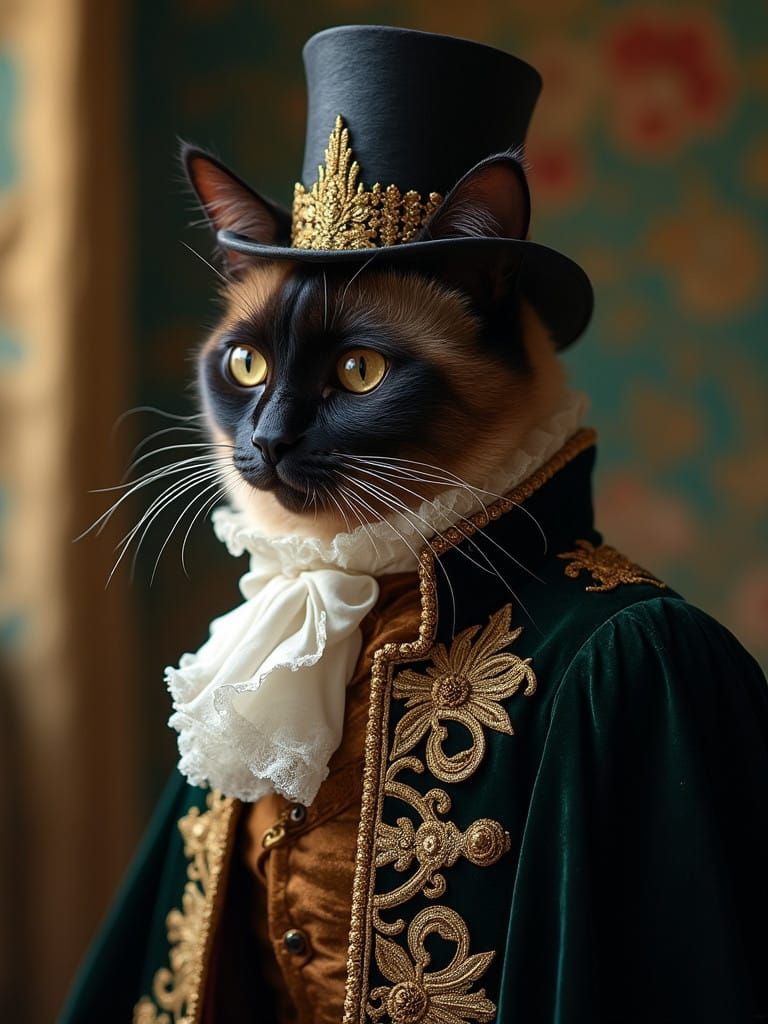 Regal Siamese Cat in 18th-Century Prince Attire