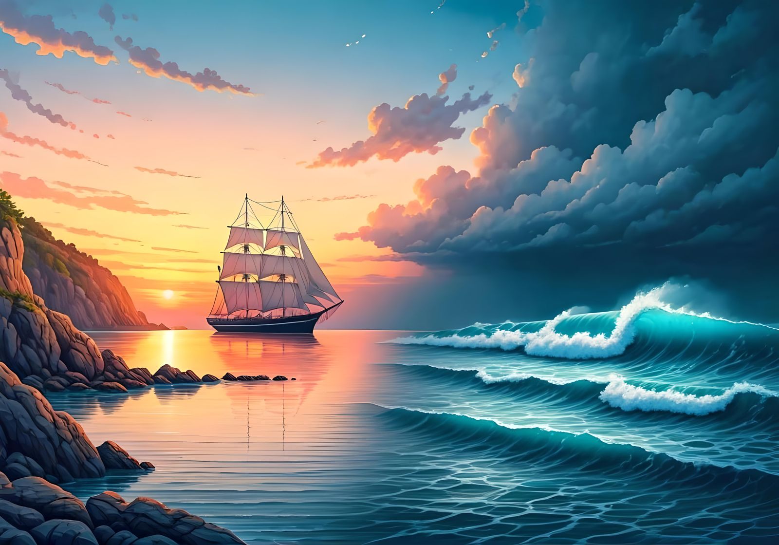 Contrasting Seascapes: Calm Sunset and Stormy Waves