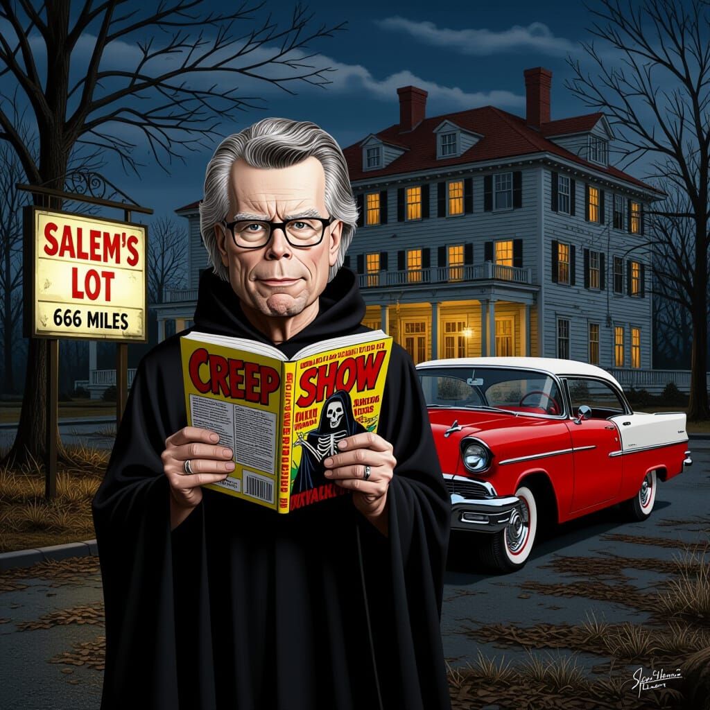 Realistic Caricature of Stephen King Reading Creepshow Comic