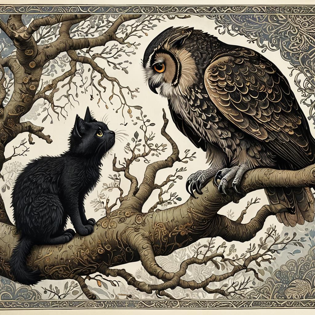 Cat and Owl Chat in Tree: Pen and Ink Illustration