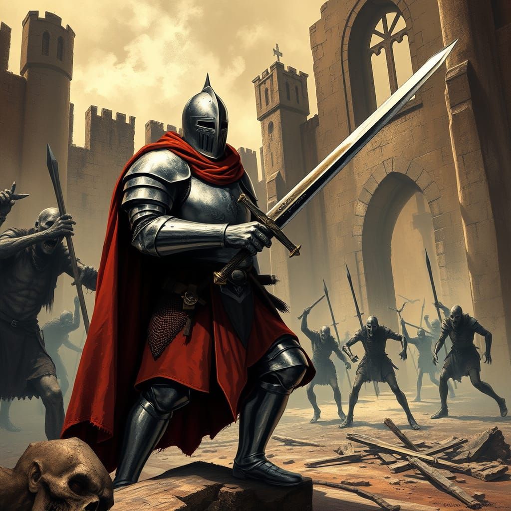 Knight vs. Zombies in Dark Fantasy Style