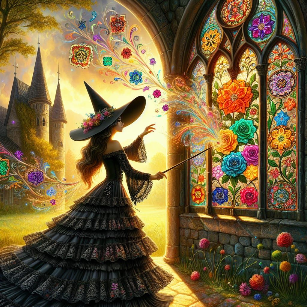 Whimsical Witch Casting Spells by Ornate Window