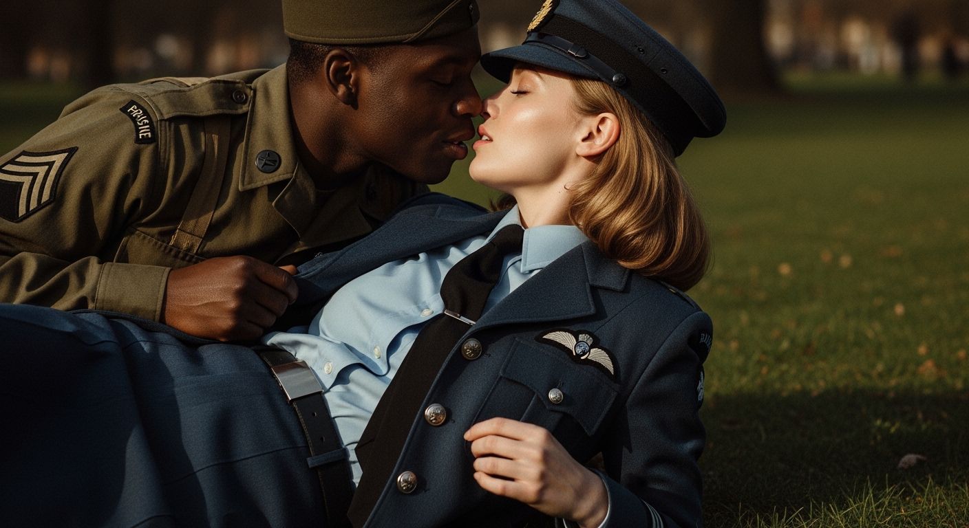 WW2 London Park Romance: RAF Officer & US Soldier Kissing