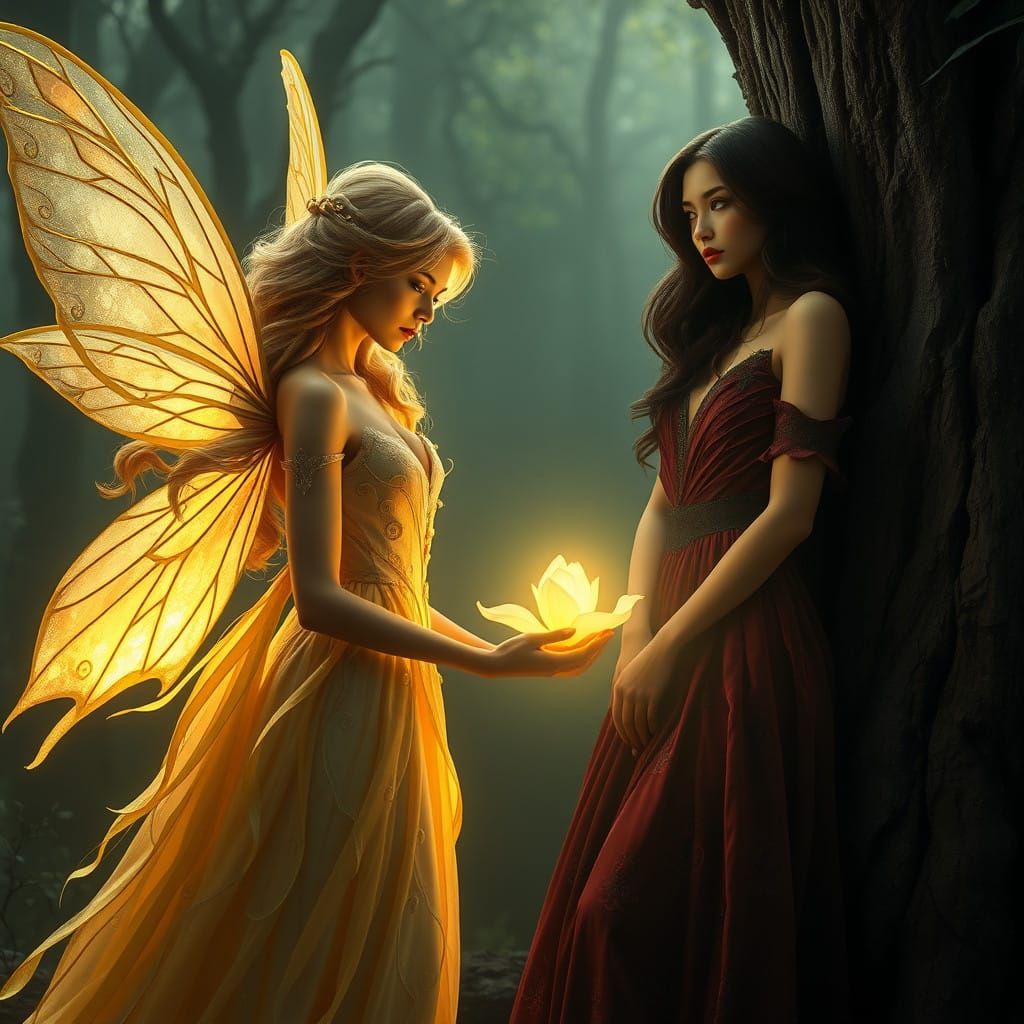 Glowing Peri Woman Approaches Radiant Bloom in Dark Forest